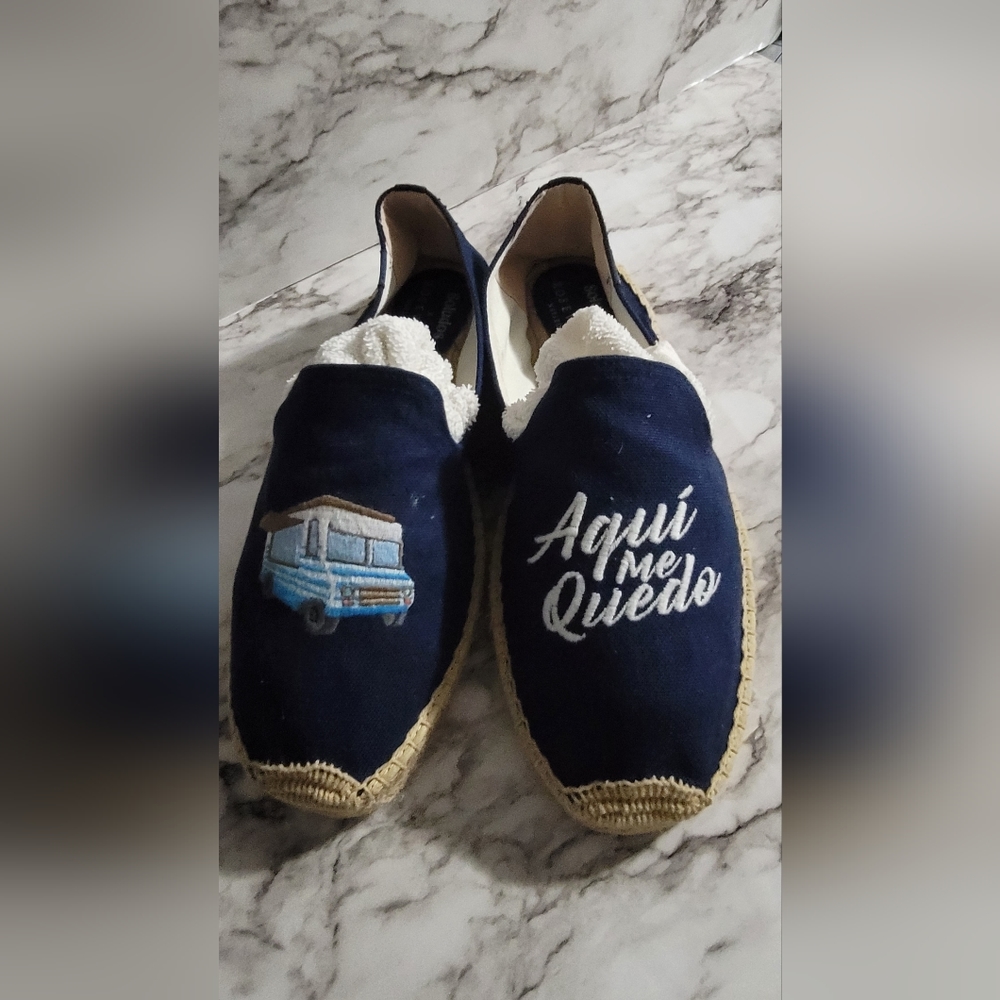 Soludos Navy Blue Espadrilles with White Script and Light Blue Van Embroidery